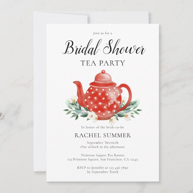 Invitación Watercolor Bridal Shower Tea Fiesta (Anverso)