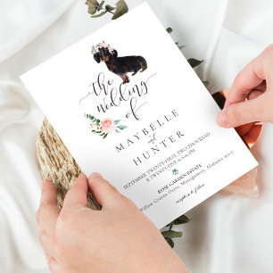 Invitación Watercolor Brown Dachshund Mascota Rosa Floral