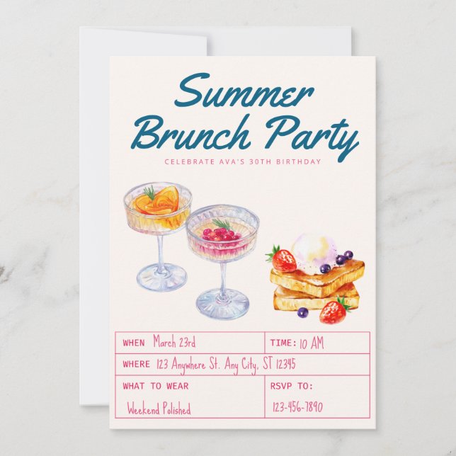 Invitación Watercolor Brunch Party Adult Birthday  (Anverso)