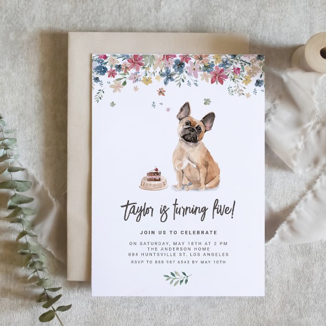 Invitación Watercolor Bulldog Francés Fiesta de cumpleaños de (Celebrate your furry friend’s special day with our charming French bulldog birthday invitation.)