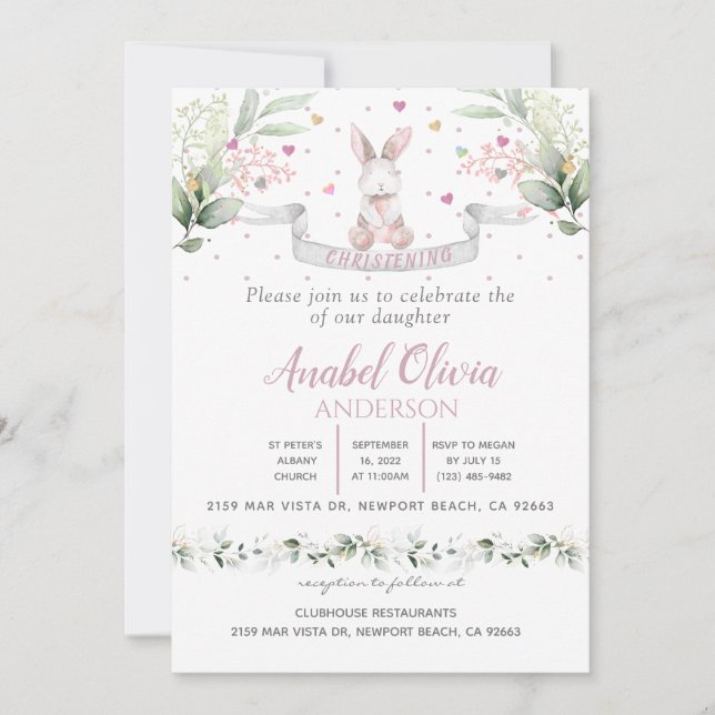 Invitación Watercolor Bunny Baby Baptism (Anverso)