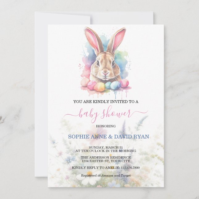 Invitación Watercolor Bunny Eggs Wildflowers Baby Shower (Anverso)