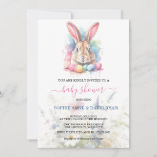 Invitación Watercolor Bunny Eggs Wildflowers Baby Shower