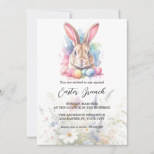 Invitación Watercolor Bunny Eggs Wildflowers Brunch Pascua (Anverso)