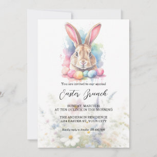 Invitación Watercolor Bunny Eggs Wildflowers Brunch Pascua