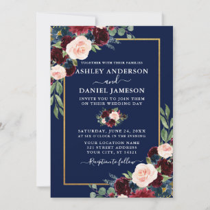 Invitación Watercolor Burgundy Azul Floral Boda Gold Frame