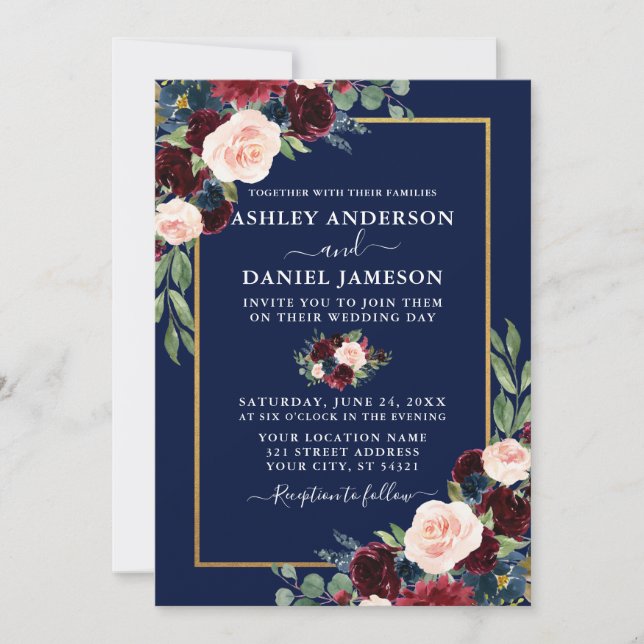 Invitación Watercolor Burgundy Azul Floral Boda Gold Frame (Anverso)