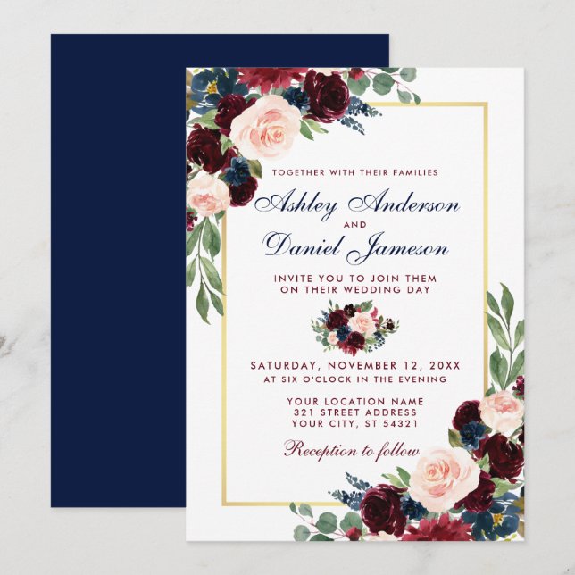 Invitación Watercolor Burgundy Blue Floral Boda Gold (Anverso / Reverso)