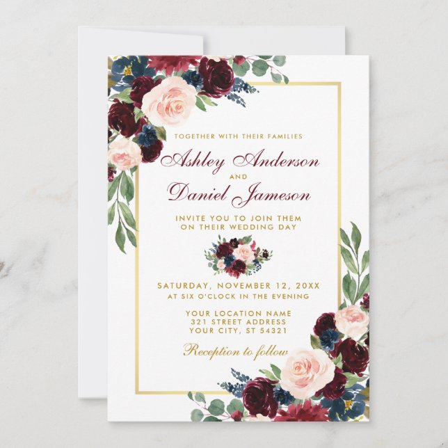 Invitación Watercolor Burgundy Blue Floral Gold Boda W (Anverso)