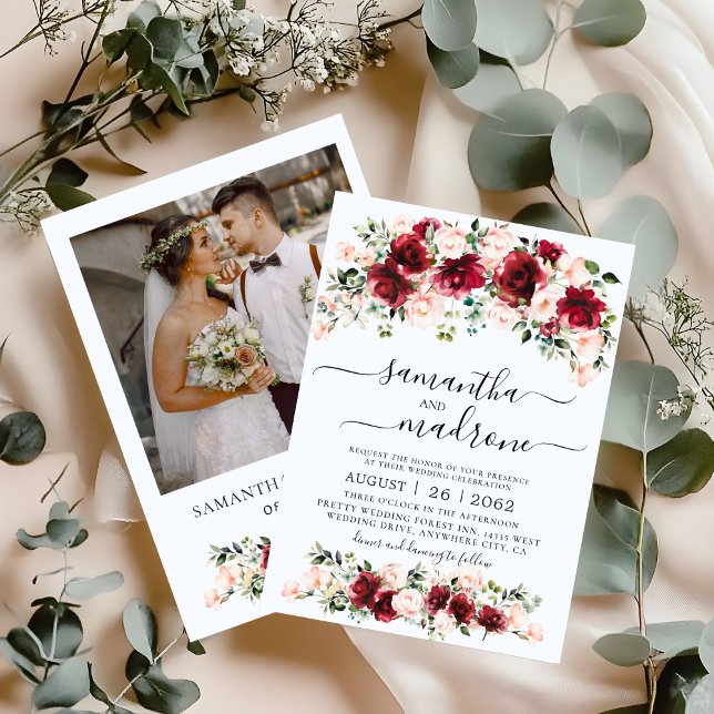 Invitación Watercolor Burgundy Blush Roses Photo Wedding (Subido por el creador)