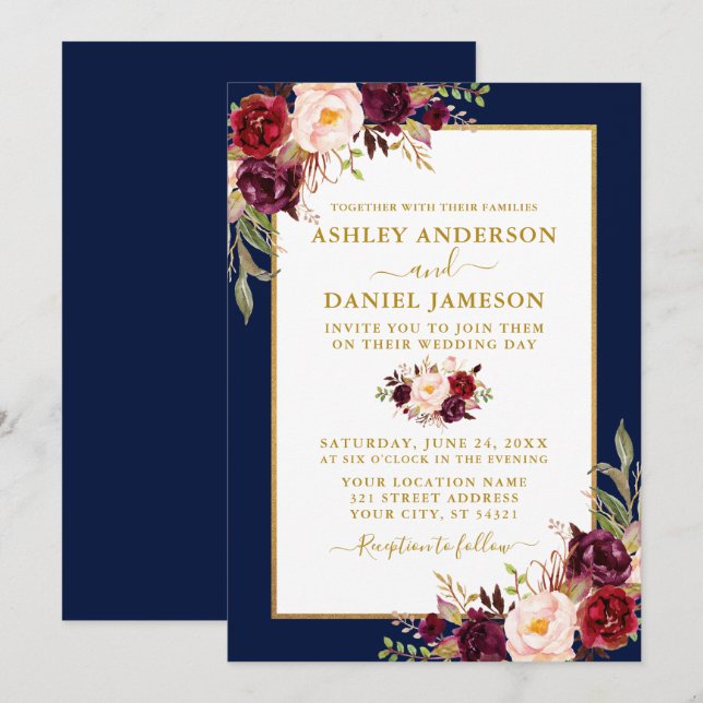Invitación Watercolor Burgundy Boda Floral Azul Oro (Anverso / Reverso)