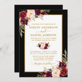 Invitación Watercolor Burgundy Boda Floral Black Gold
