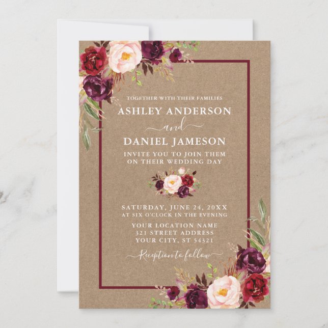 Invitación Watercolor Burgundy Boda Floral Kraft (Anverso)