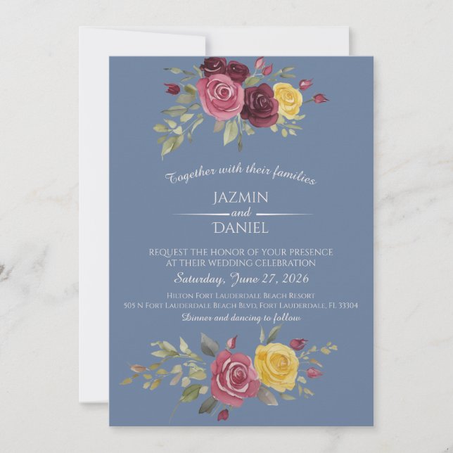 Invitación  Watercolor Burgundy Country Roses Pink Blue (Anverso)