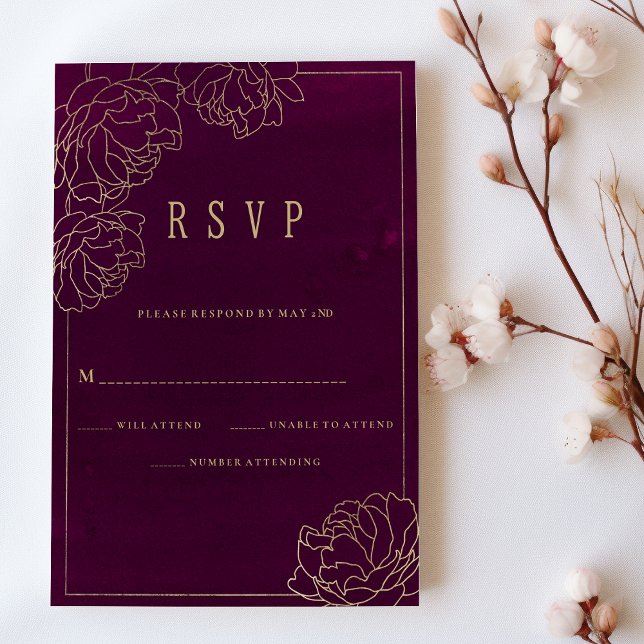 Invitación Watercolor burgundy dorado peony floral RSVP (Watercolor burgundy gold peony floral RSVP)