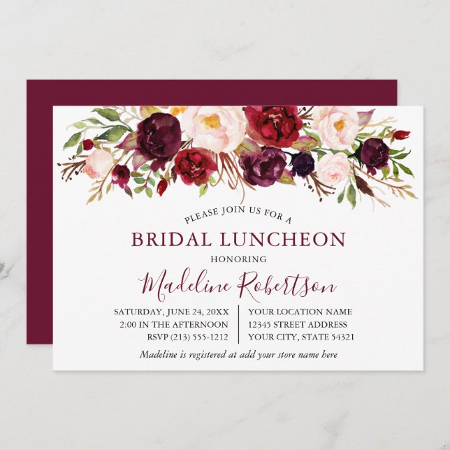 Invitación Watercolor Burgundy Floral Bridal Luncheon (Anverso / Reverso)