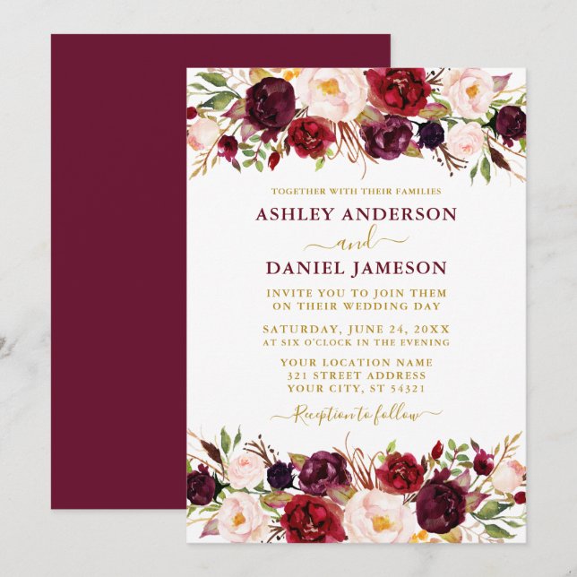 Invitación Watercolor Burgundy Floral Gold Boda moderno (Anverso / Reverso)