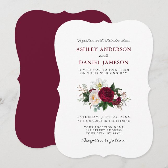 Invitación Watercolor Burgundy Floral Greeneration Boda BR (Anverso / Reverso)