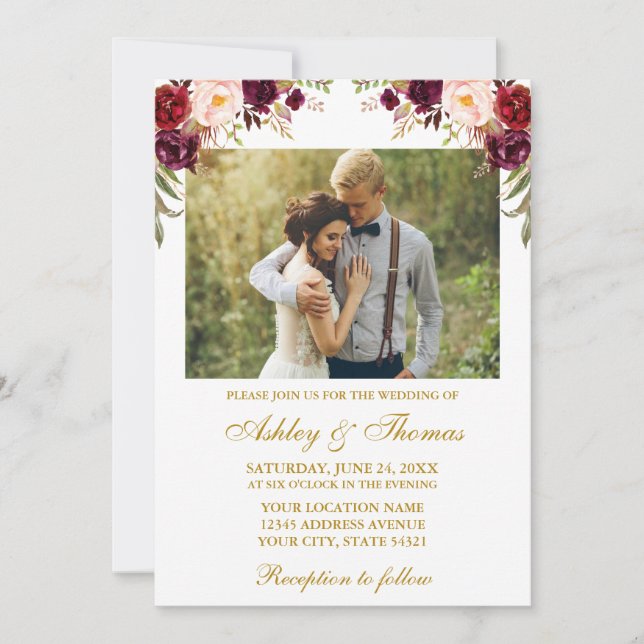 Invitación Watercolor Burgundy Floral Photo Boda Gold (Anverso)