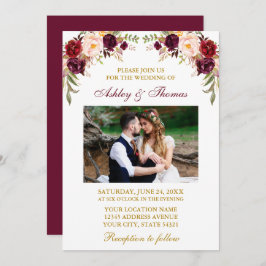 Invitación Watercolor Burgundy Floral Photo Gold Boda