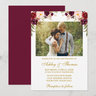 Invitación Watercolor Burgundy Floral Photo Gold Boda