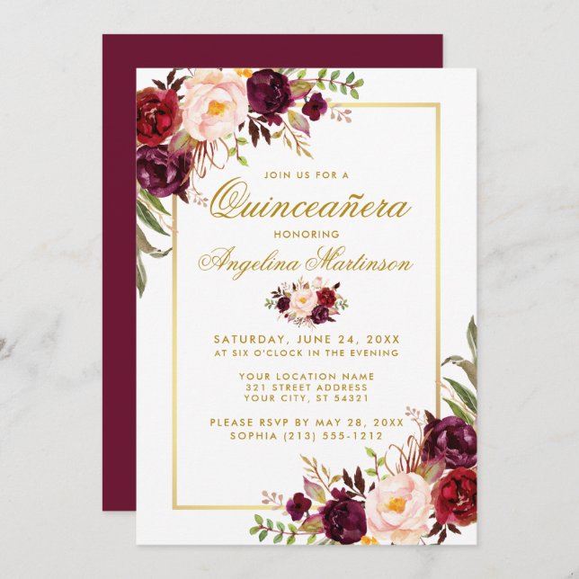 Invitación Watercolor Burgundy Floral Quinceanera Gold (Anverso / Reverso)