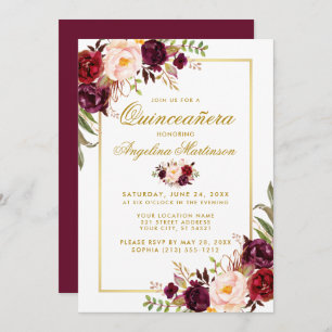 Invitación Watercolor Burgundy Floral Quinceanera Gold