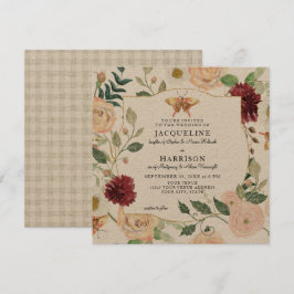 Invitación Watercolor Burgundy Floral Rosa Mariposa Kraft