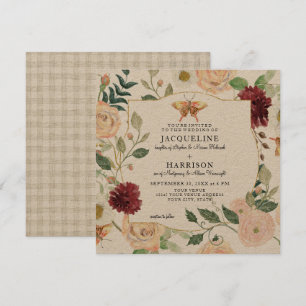 Invitación Watercolor Burgundy Floral Rosa Mariposa Kraft