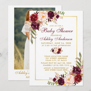Invitación Watercolor Burgundy Floral Shower Gold Photo