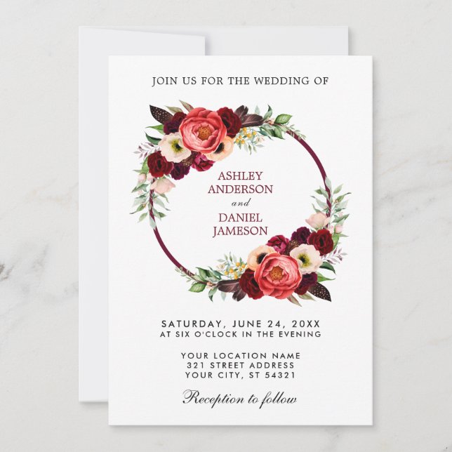 Invitación Watercolor Burgundy Floral Wreath Boho Boda (Anverso)
