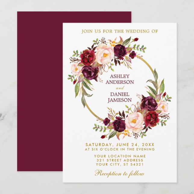 Invitación Watercolor Burgundy Floral Wreath Gold Boda B (Anverso / Reverso)