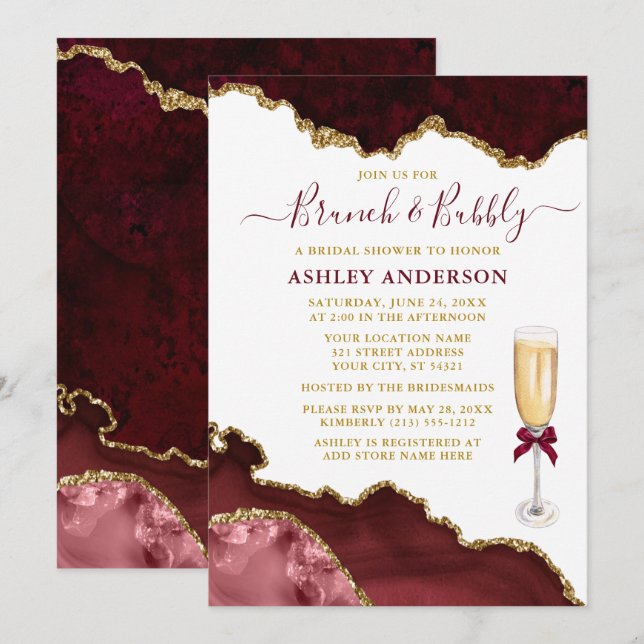 Invitación Watercolor Burgundy Gold Marble Bridal Brunch (Anverso / Reverso)