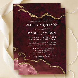 Invitación Watercolor Burgundy Marble Agate Geode Boda