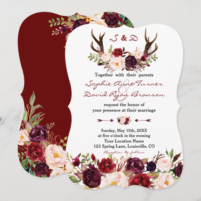 Invitación Watercolor Burgundy Marsala Floral Antlers Boda (Anverso / Reverso)
