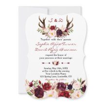 Watercolor Burgundy Marsala Floral Antlers Boda