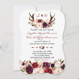Invitación Watercolor Burgundy Marsala Floral Antlers Boda