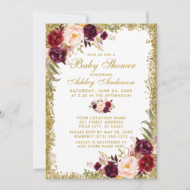 Invitación Watercolor Burgundy Purpurina Floral Baby Shower (Anverso)