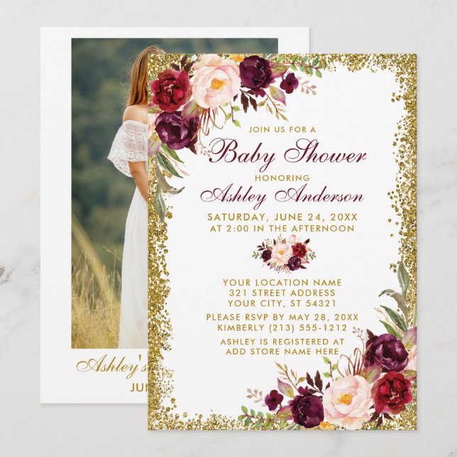 Invitación Watercolor Burgundy Purpurina Floral Foto (Anverso / Reverso)