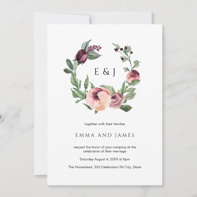 Invitación Watercolor Burgundy Rubor Floral Wreath Boda (Anverso)