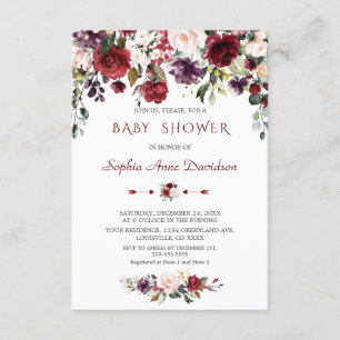 Invitación Watercolor Burgundy Rubor Flores Baby Shower