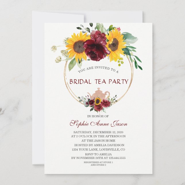 Invitación Watercolor Burgundy Sunflower Bridal Tea Fiesta (Anverso)