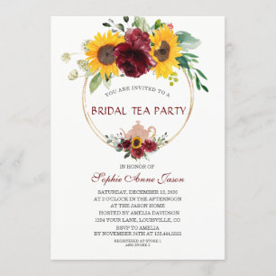 Invitación Watercolor Burgundy Sunflower Bridal Tea Fiesta