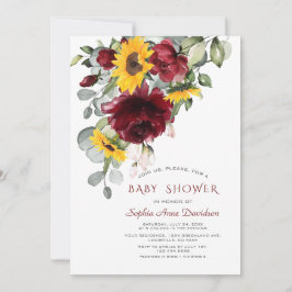 Invitación Watercolor Burgundy Sunflowers Gold Baby Shower