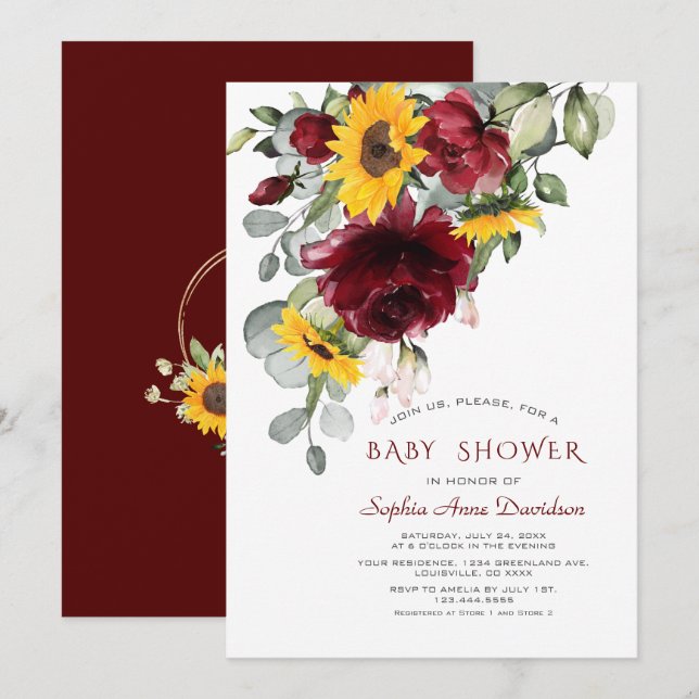 Invitación Watercolor Burgundy Sunflowers Gold Baby Shower (Anverso / Reverso)