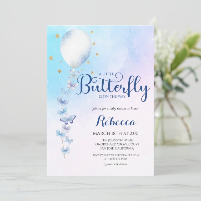 Invitación Watercolor Butterflies Balloon Baby Shower (Anverso de pie)