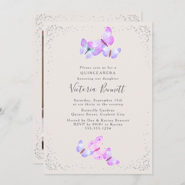 Invitación Watercolor Butterflies Foto de Quinceanera (Anverso / Reverso)