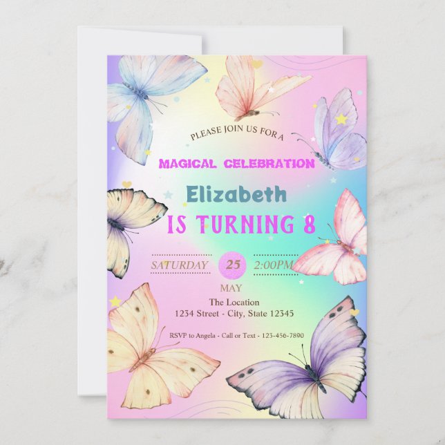 Invitación Watercolor Butterflies Holographic Birday (Anverso)