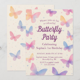 Invitación Watercolor Butterfly 1st Birthday Party