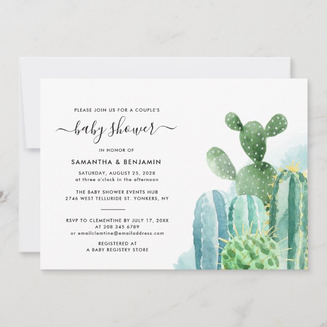 Invitación Watercolor Cacti Parejas Baby Shower (Anverso)
